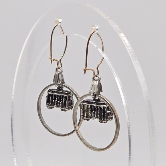 Vintage Trolley Car Charm Dangle Earrings 14k Gold Filled‎ French Wires - Picture 1 of 4